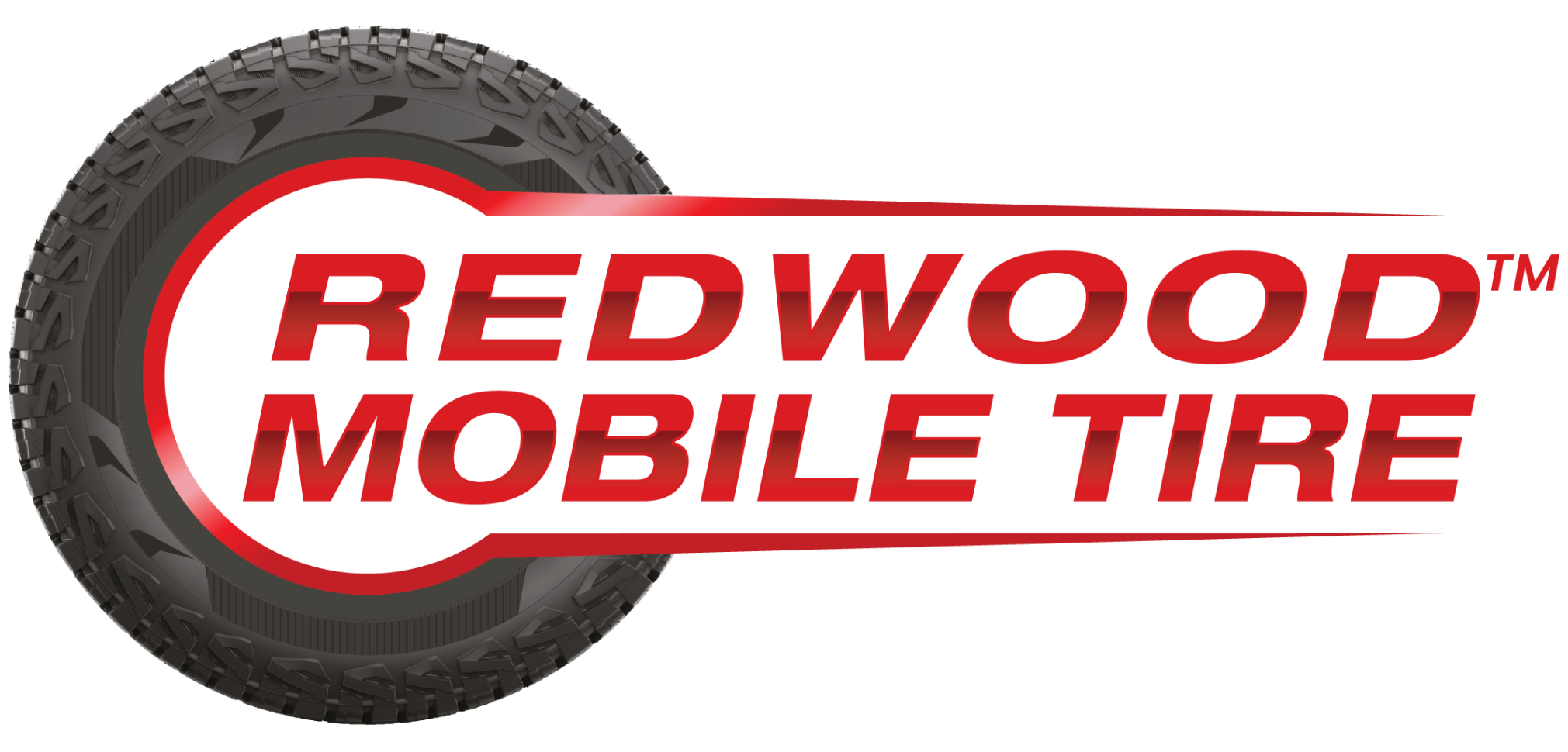 Rugged tire surrounding the bold red 'redwood mobile tire' wordmark on a black background