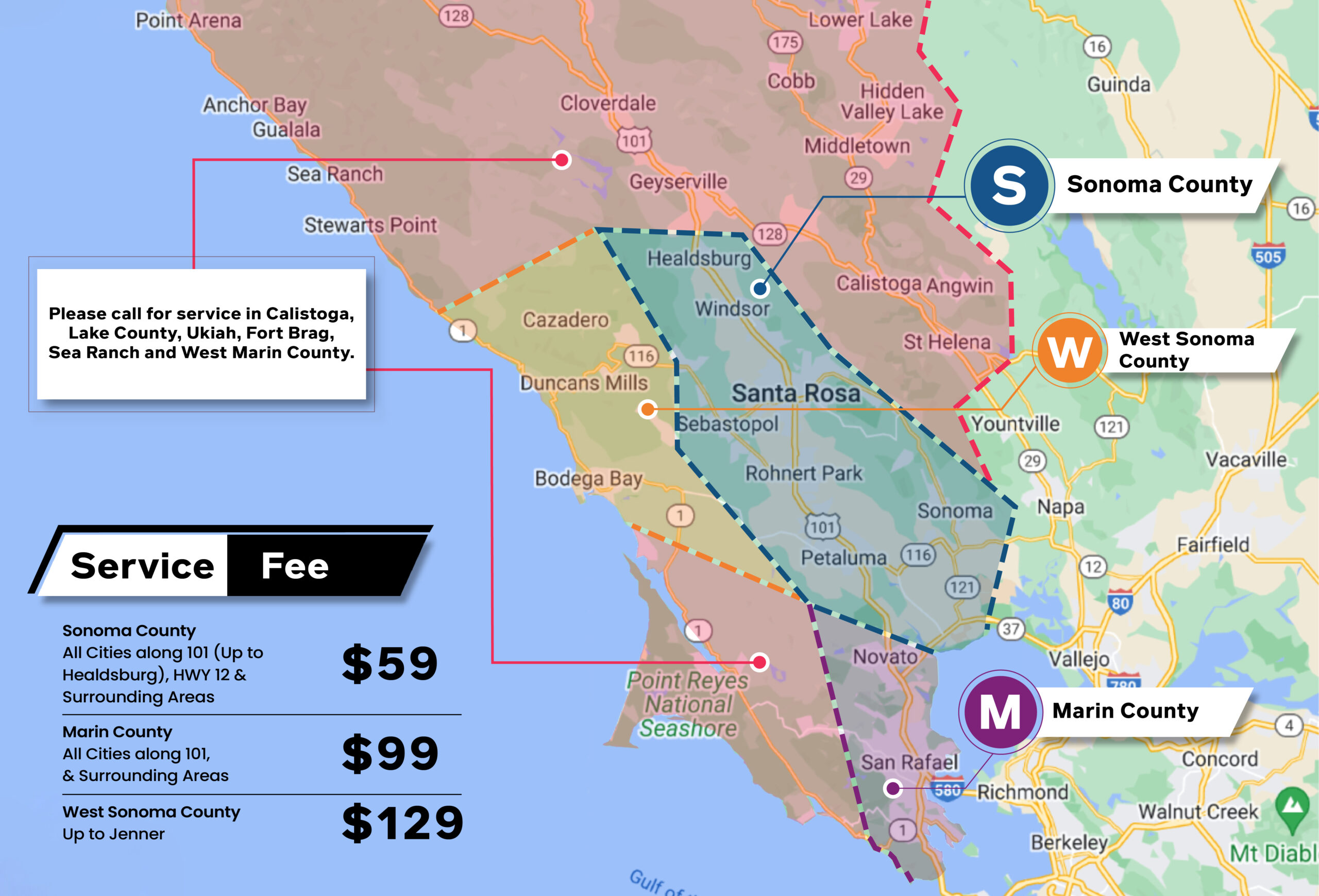 Colorful regional map showing sonoma, marin, and surrounding counties with service areas and labeled markers (s for sonoma, m for marin).